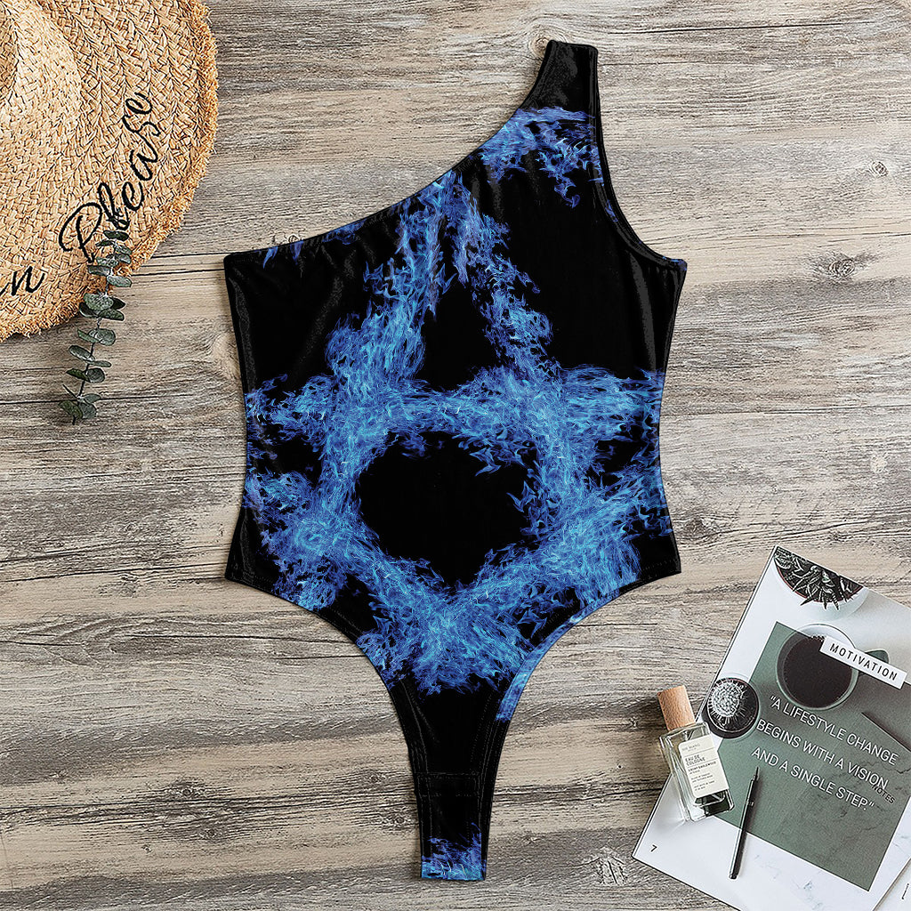 Blue Flame Pentagram Print One Shoulder Bodysuit