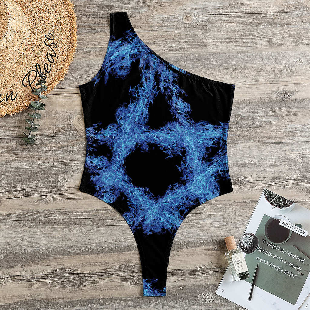 Blue Flame Pentagram Print One Shoulder Bodysuit