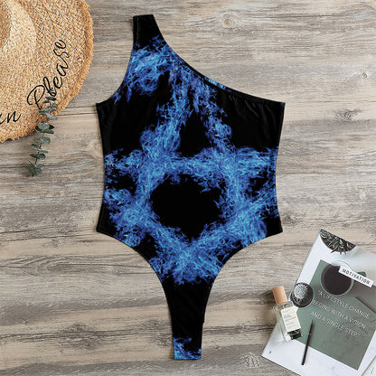 Blue Flame Pentagram Print One Shoulder Bodysuit