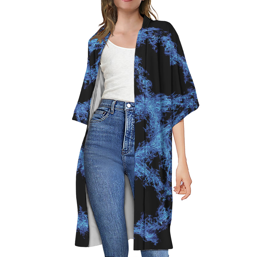 Blue Flame Pentagram Print Open Front Beach Cover Up