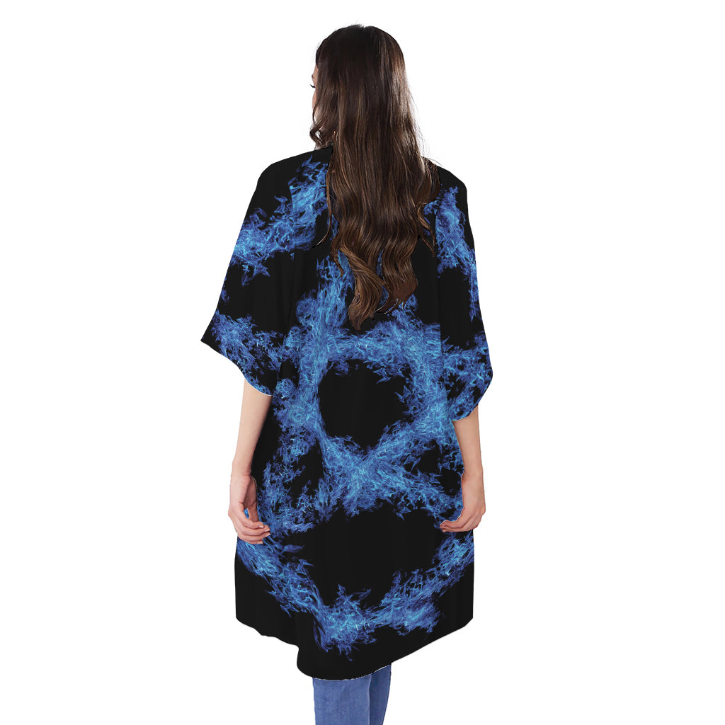 Blue Flame Pentagram Print Open Front Beach Cover Up