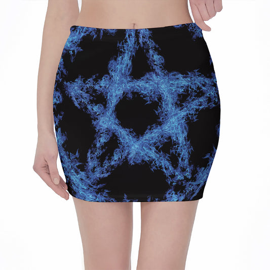 Blue Flame Pentagram Print Pencil Mini Skirt