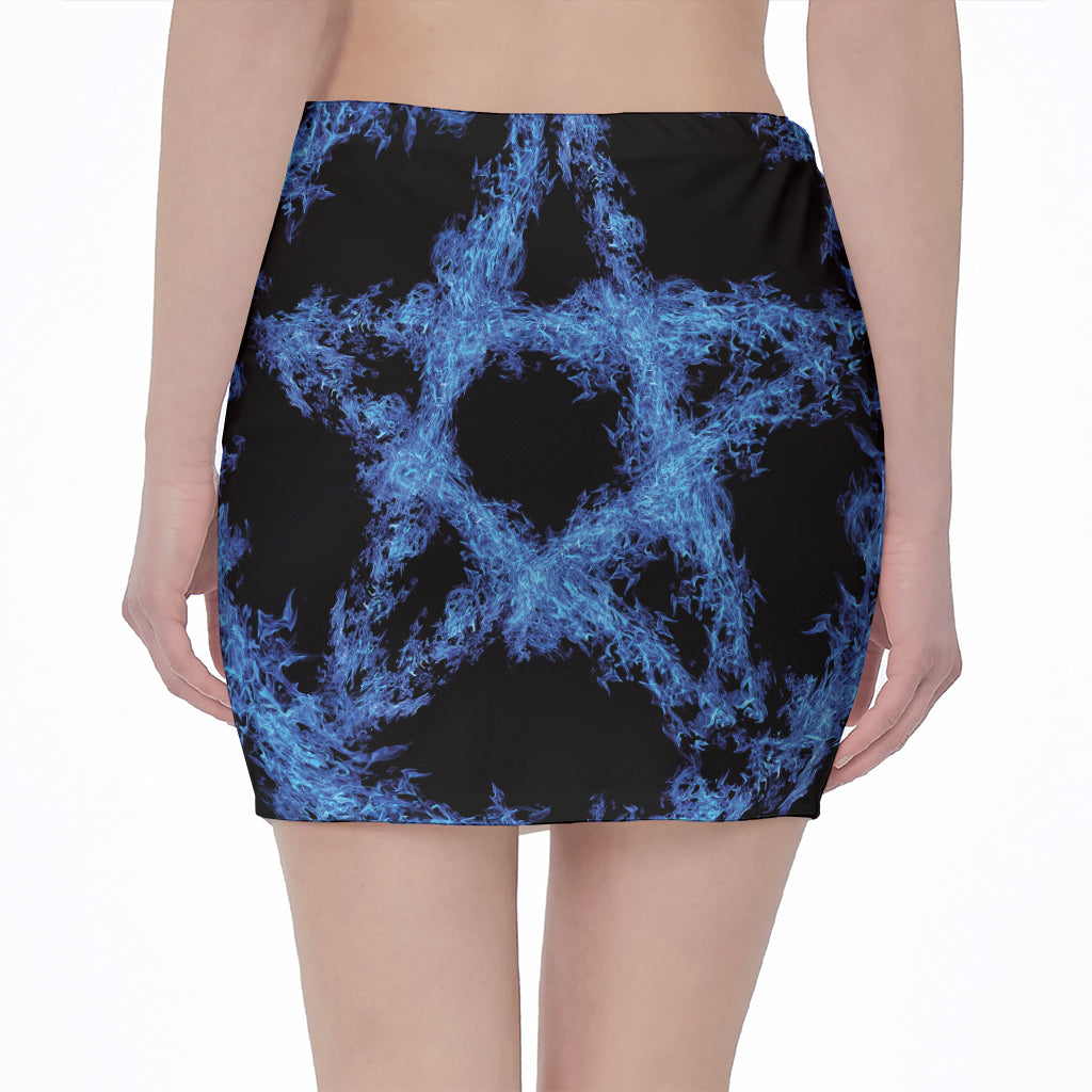 Blue Flame Pentagram Print Pencil Mini Skirt