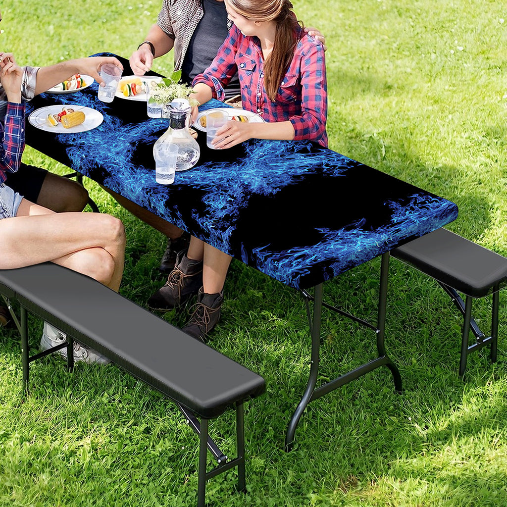Blue Flame Pentagram Print Picnic Table Cover
