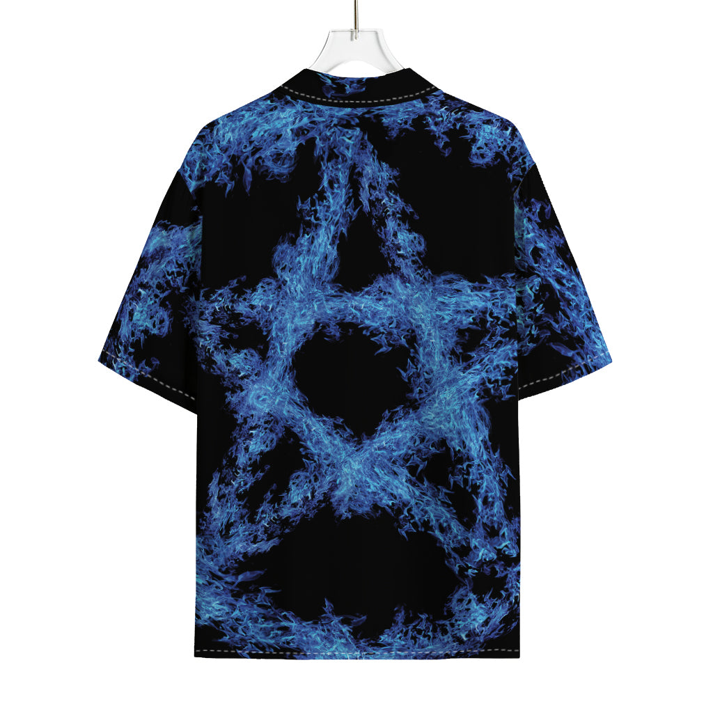 Blue Flame Pentagram Print Rayon Hawaiian Shirt