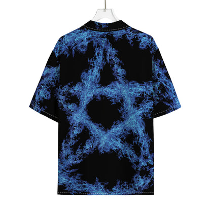 Blue Flame Pentagram Print Rayon Hawaiian Shirt