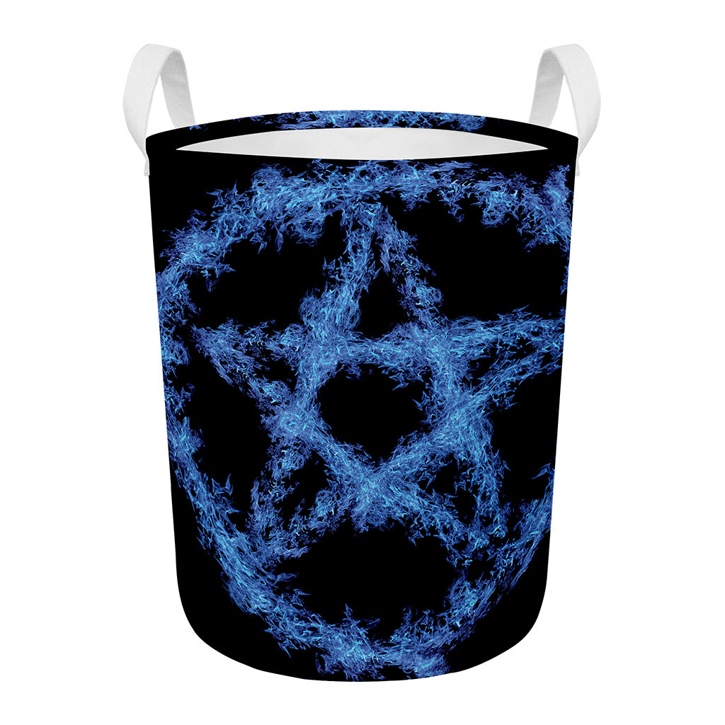 Blue Flame Pentagram Print Round Laundry Basket