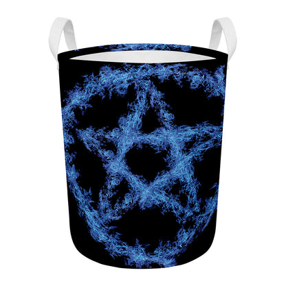 Blue Flame Pentagram Print Round Laundry Basket
