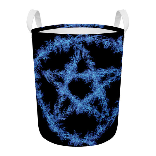 Blue Flame Pentagram Print Round Laundry Basket