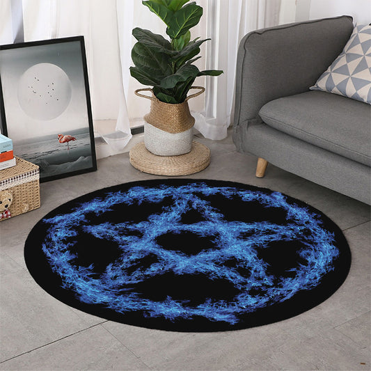 Blue Flame Pentagram Print Round Rug