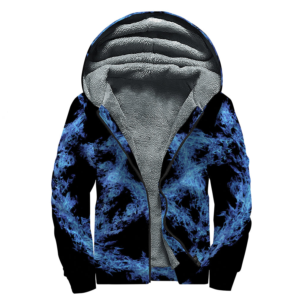 Blue Flame Pentagram Print Sherpa Lined Zip Up Hoodie