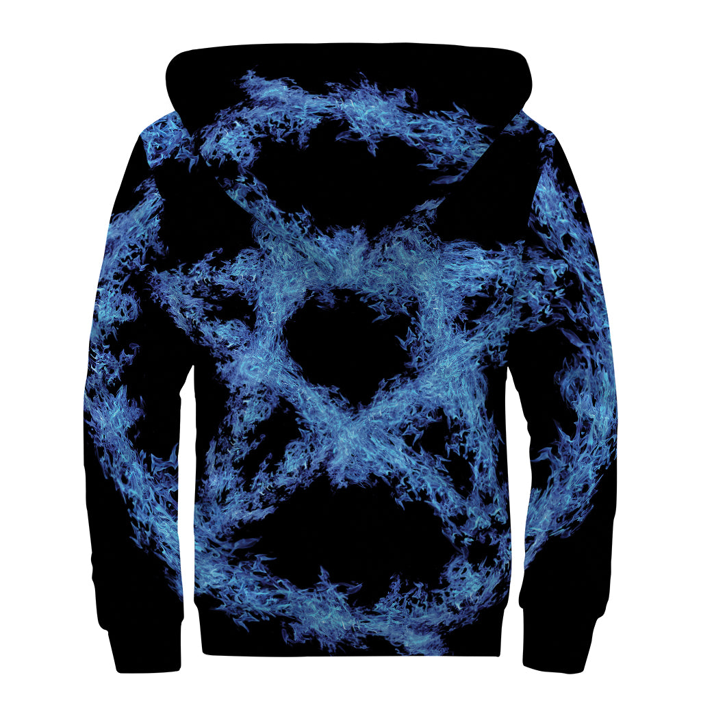 Blue Flame Pentagram Print Sherpa Lined Zip Up Hoodie