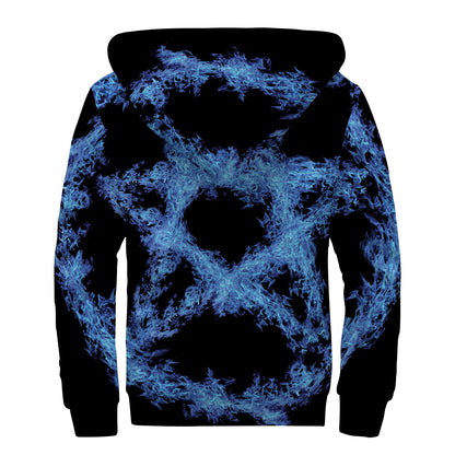 Blue Flame Pentagram Print Sherpa Lined Zip Up Hoodie