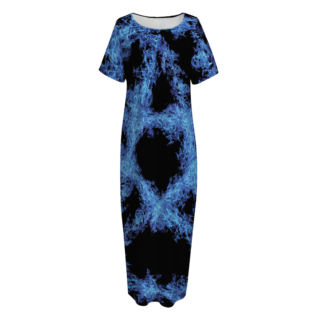 Blue Flame Pentagram Print Short Sleeve Long Nightdress