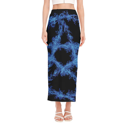 Blue Flame Pentagram Print Side Slit Maxi Skirt