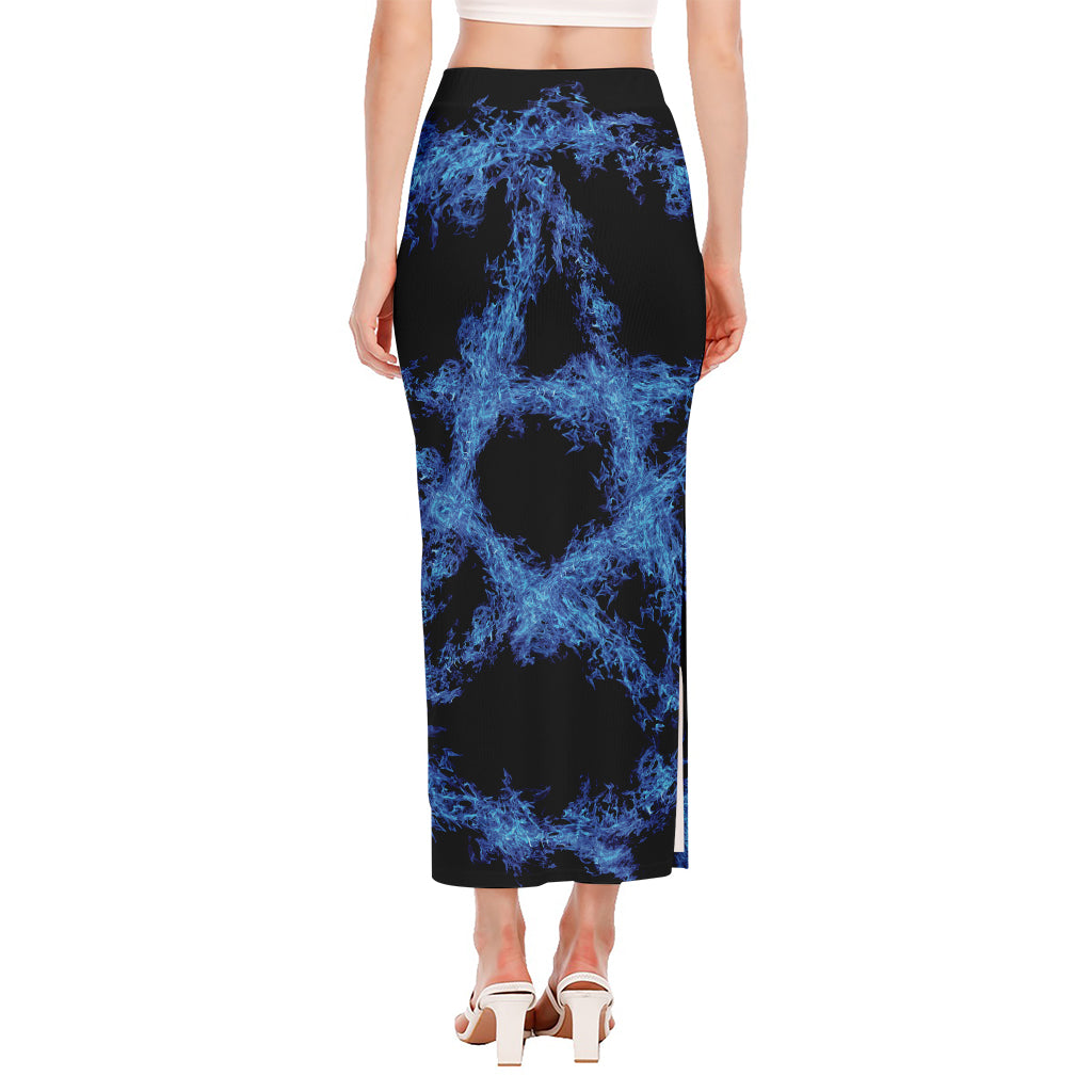Blue Flame Pentagram Print Side Slit Maxi Skirt