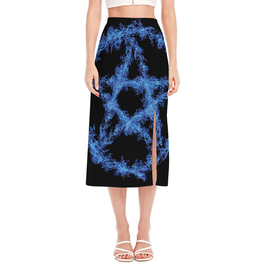 Blue Flame Pentagram Print Side Slit Midi Skirt
