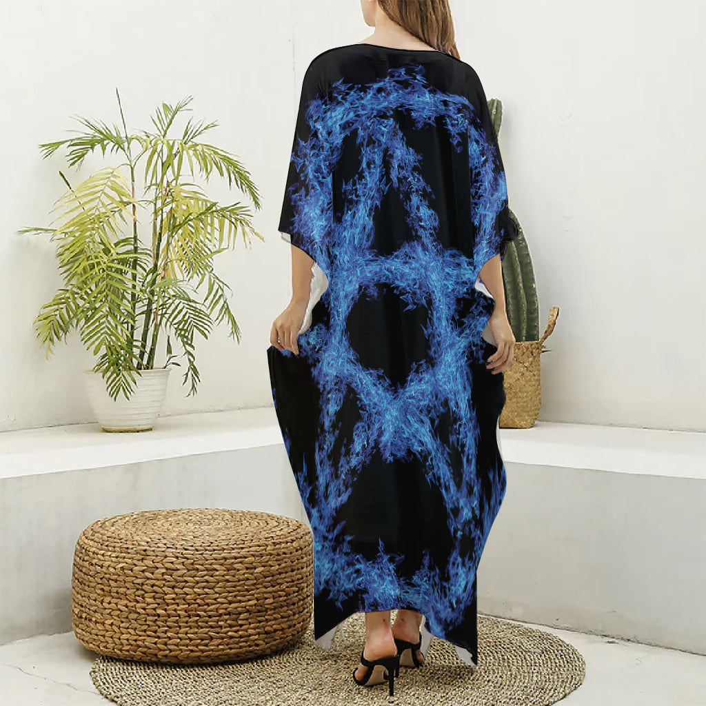 Blue Flame Pentagram Print Silk V-Neck Kaftan Dress
