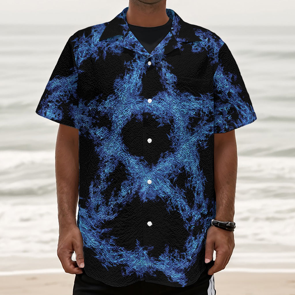 Blue Flame Pentagram Print Textured Short Sleeve Shirt