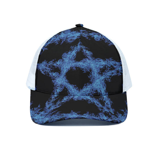 Blue Flame Pentagram Print White Mesh Trucker Cap