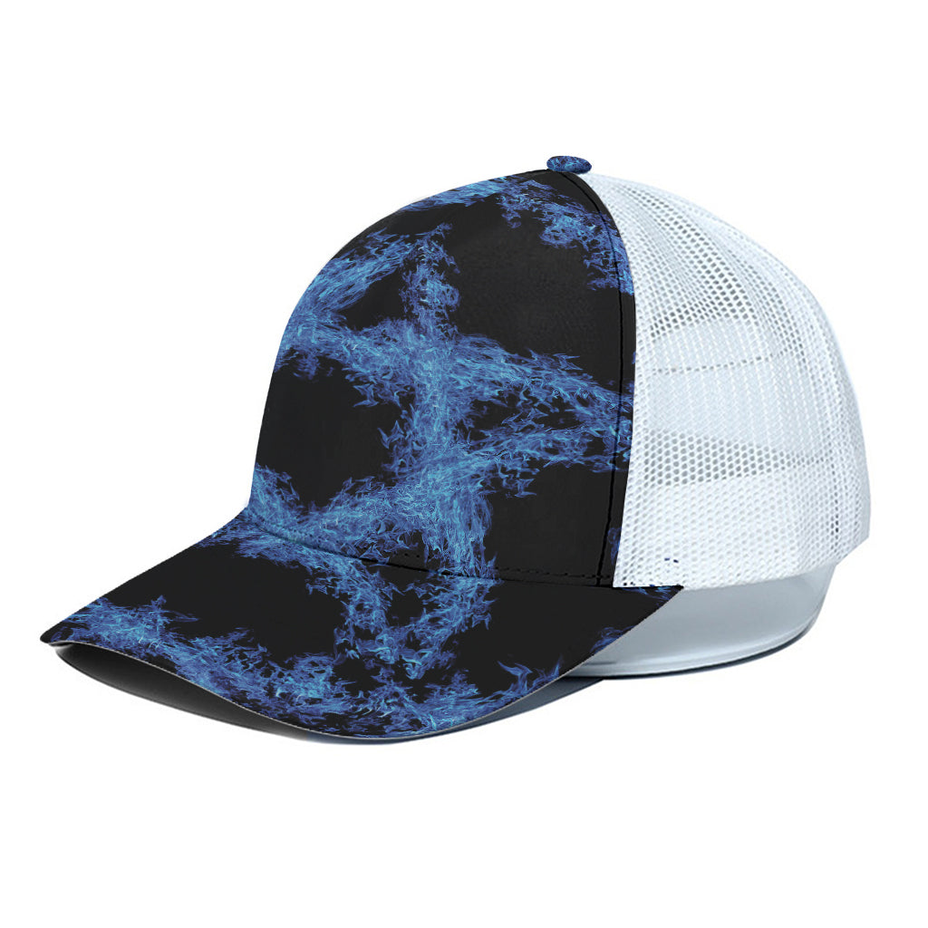 Blue Flame Pentagram Print White Mesh Trucker Cap