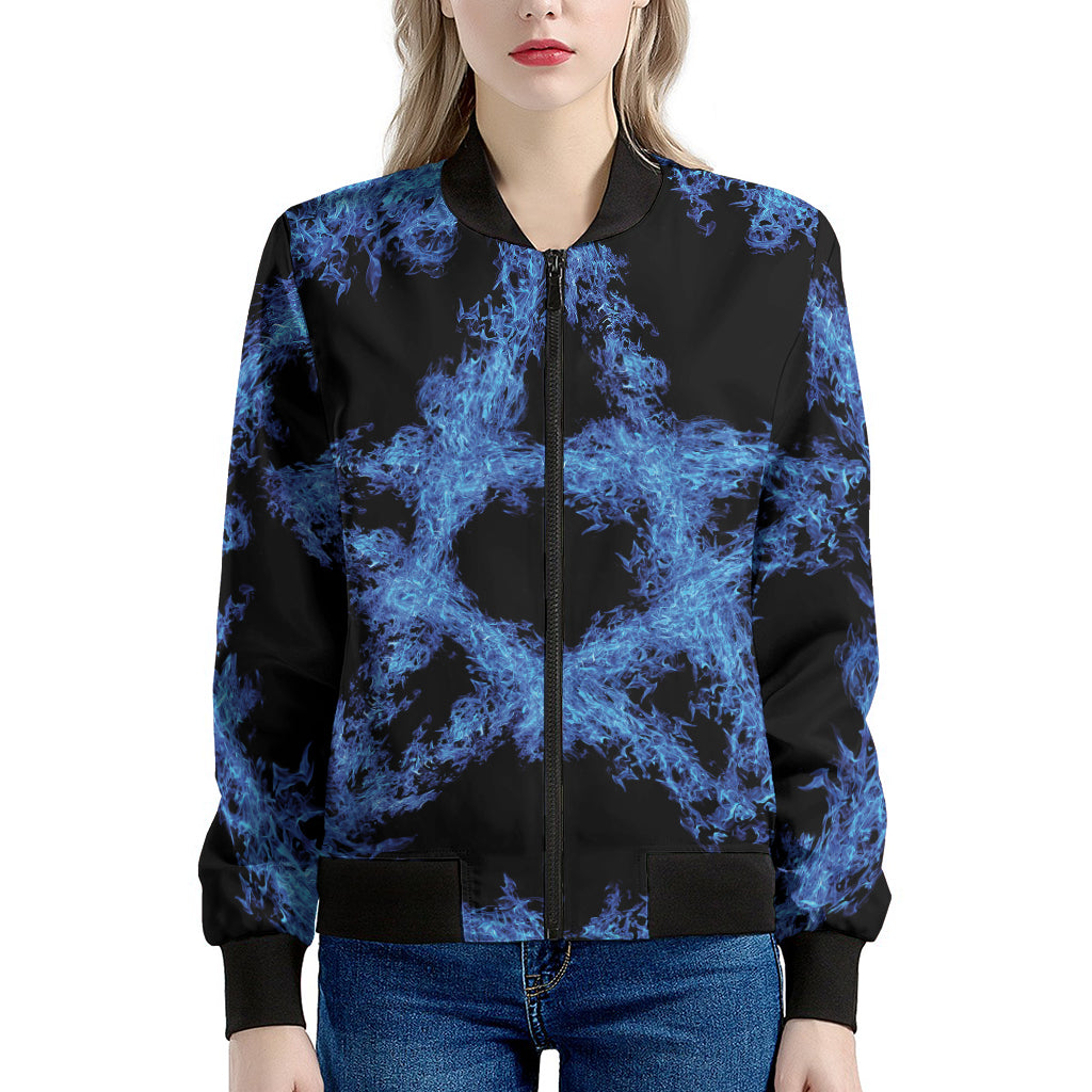 Blue Flame Pentagram Print Women's Bomber Jacket