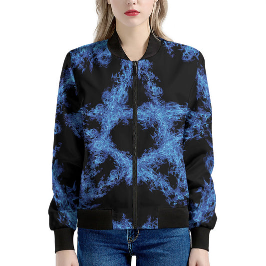 Blue Flame Pentagram Print Women's Bomber Jacket