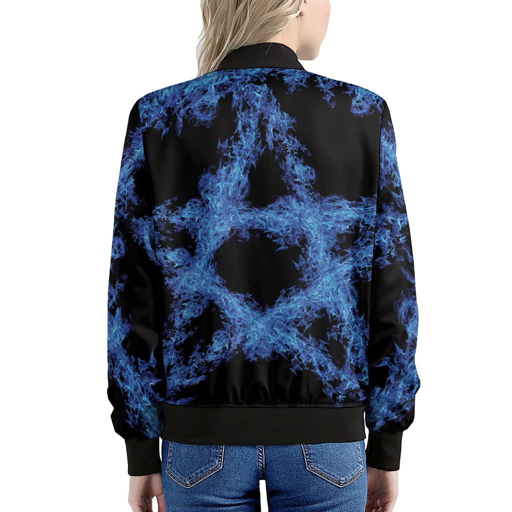 Blue Flame Pentagram Print Women's Bomber Jacket
