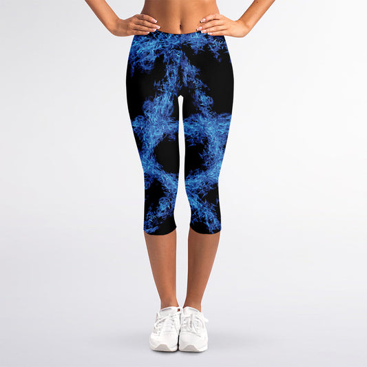 Blue Flame Pentagram Print Women's Capri Leggings