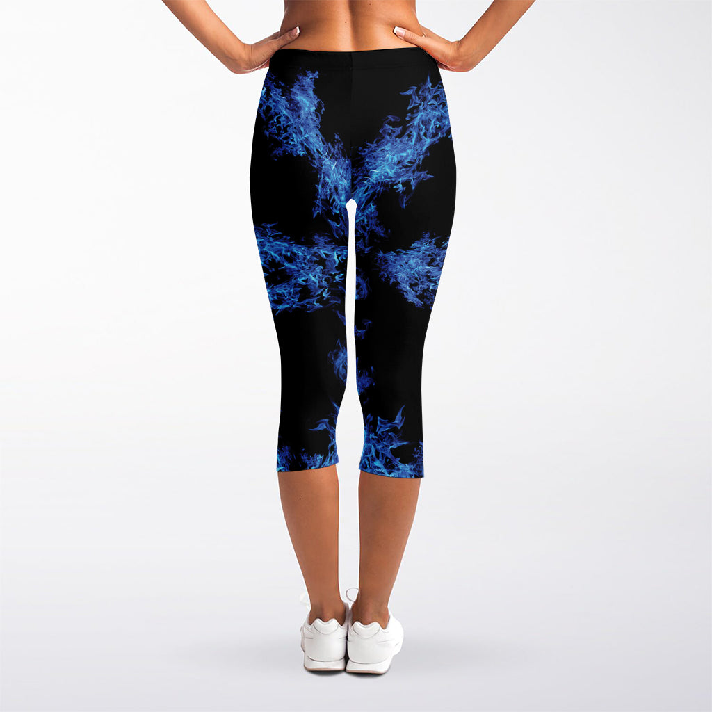 Blue Flame Pentagram Print Women's Capri Leggings