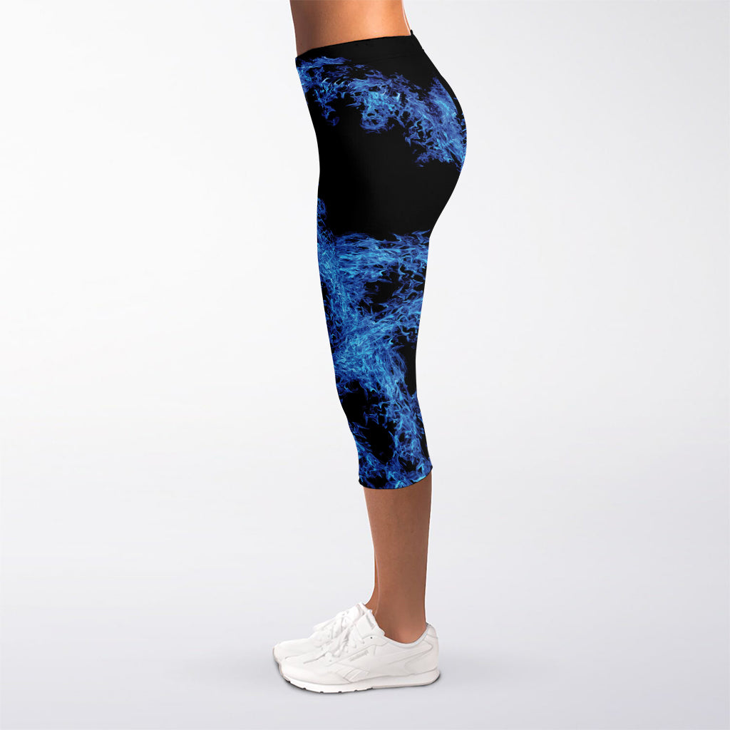 Blue Flame Pentagram Print Women's Capri Leggings