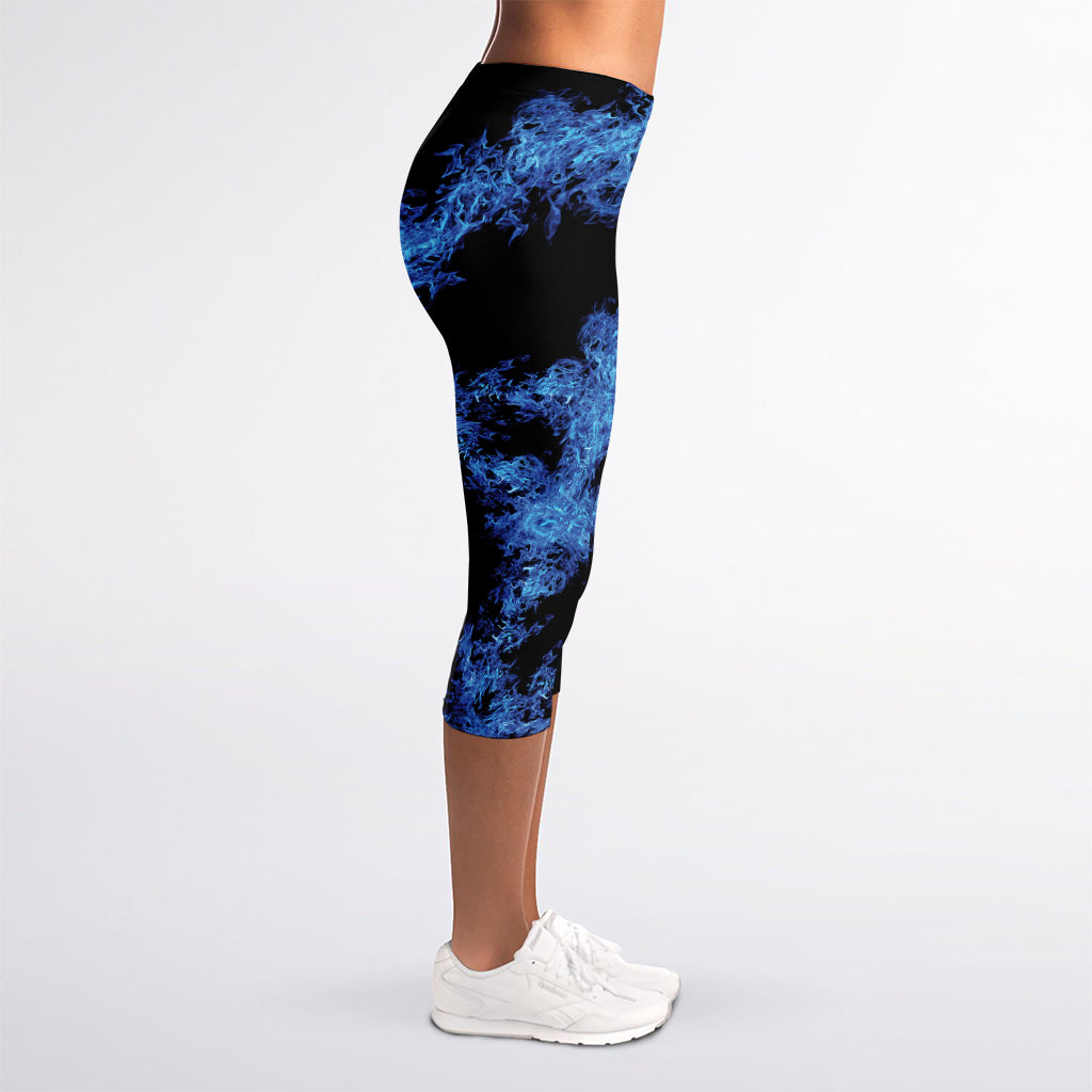 Blue Flame Pentagram Print Women's Capri Leggings