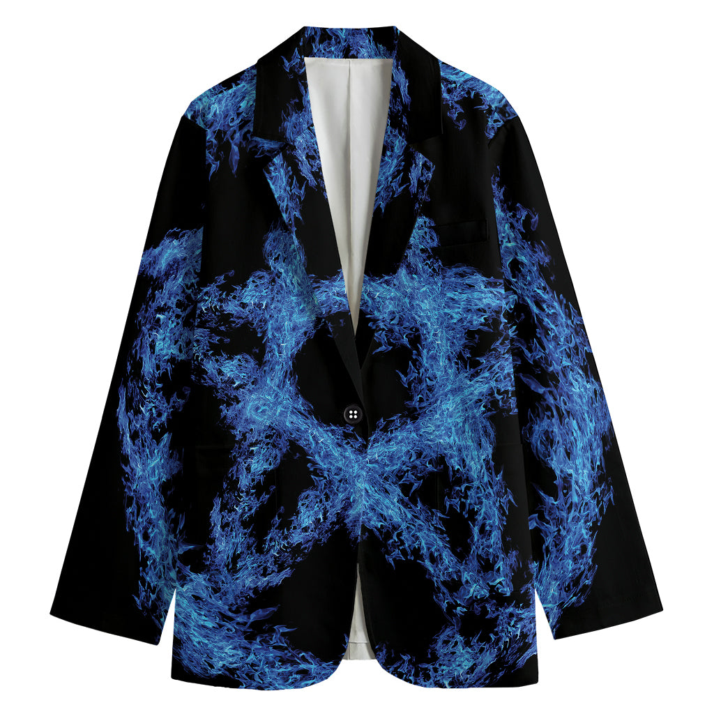 Blue Flame Pentagram Print Women's Cotton Blazer