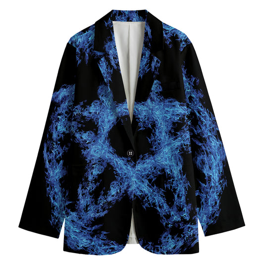 Blue Flame Pentagram Print Women's Cotton Blazer