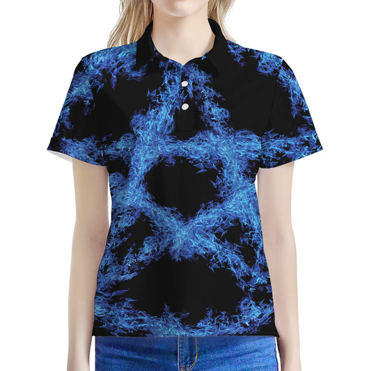 Blue Flame Pentagram Print Women's Polo Shirt