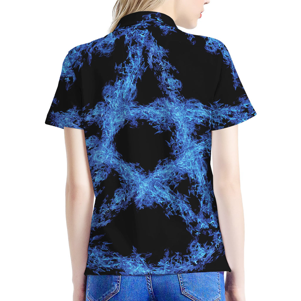 Blue Flame Pentagram Print Women's Polo Shirt