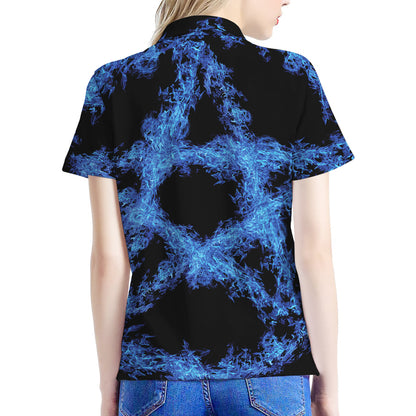 Blue Flame Pentagram Print Women's Polo Shirt