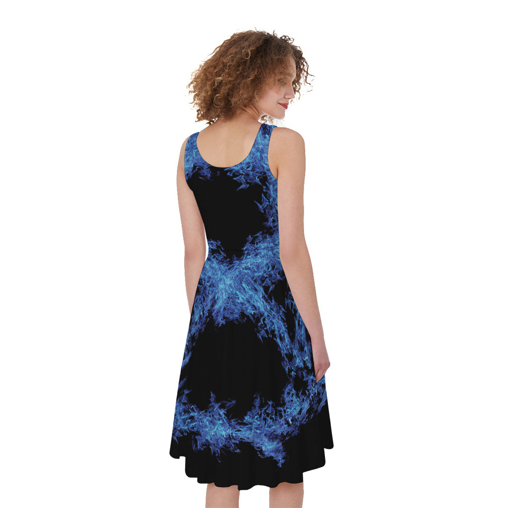 Blue Flame Pentagram Print Women's Sleeveless Dress