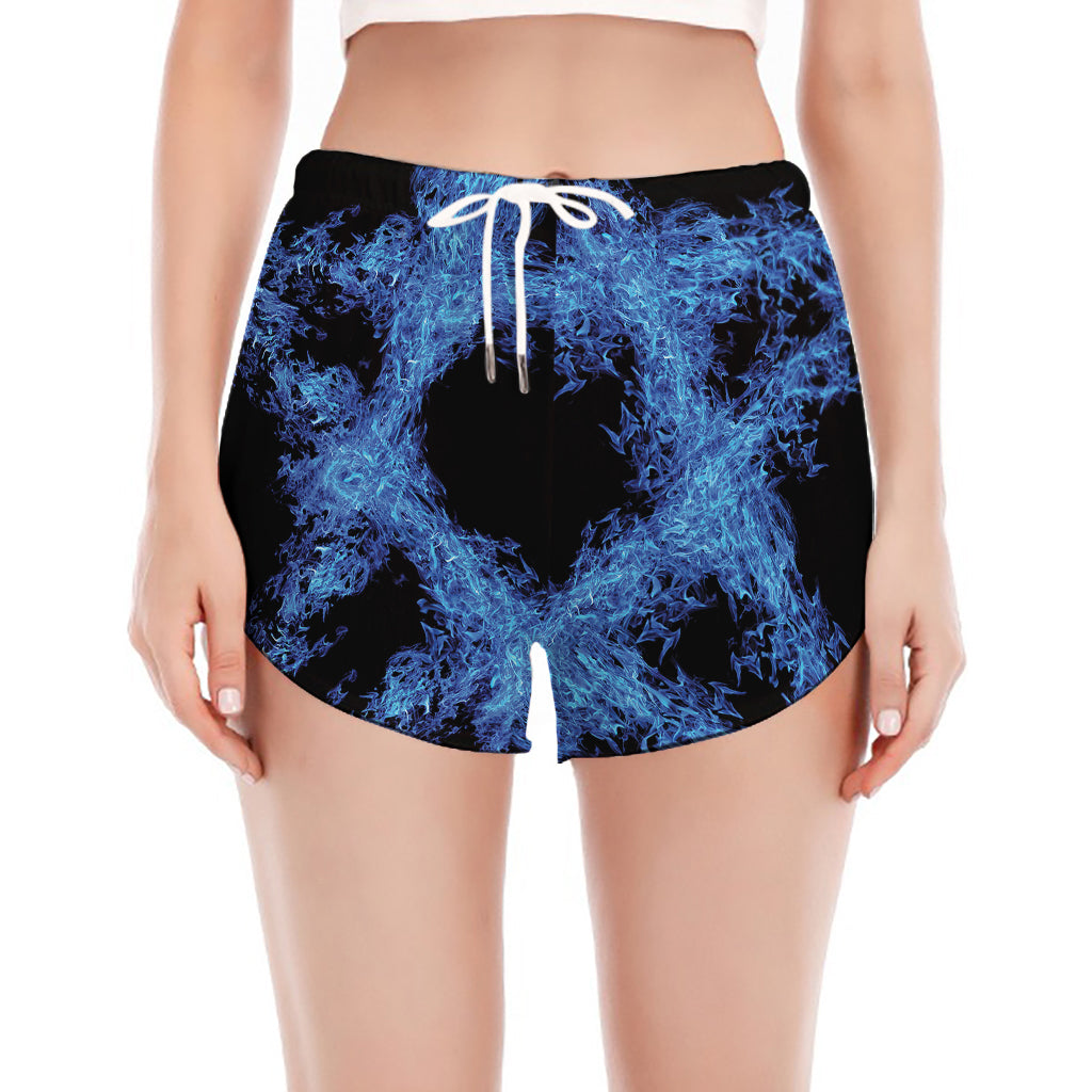 Blue Flame Pentagram Print Women's Split Running Shorts