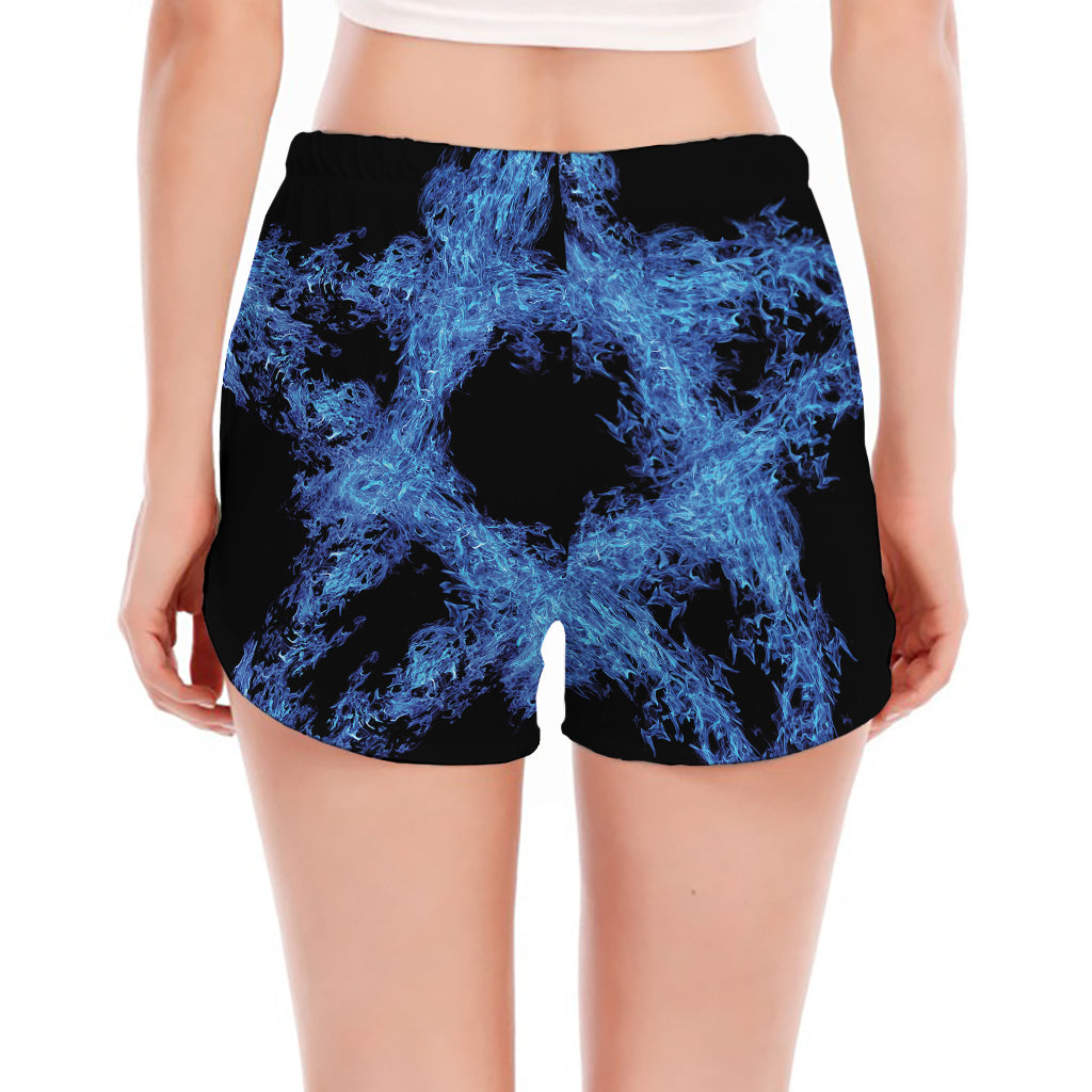 Blue Flame Pentagram Print Women's Split Running Shorts