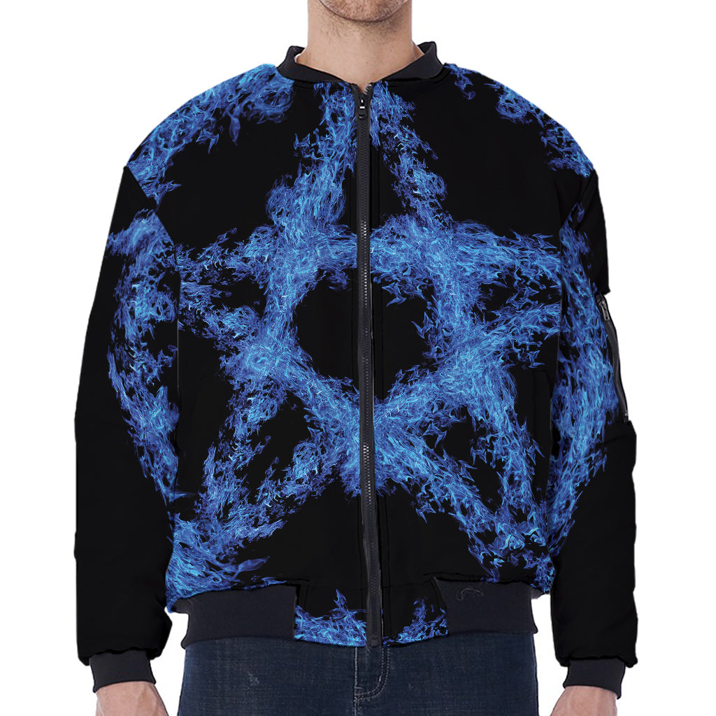 Blue Flame Pentagram Print Zip Sleeve Bomber Jacket