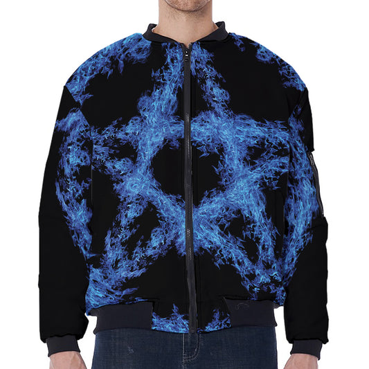 Blue Flame Pentagram Print Zip Sleeve Bomber Jacket