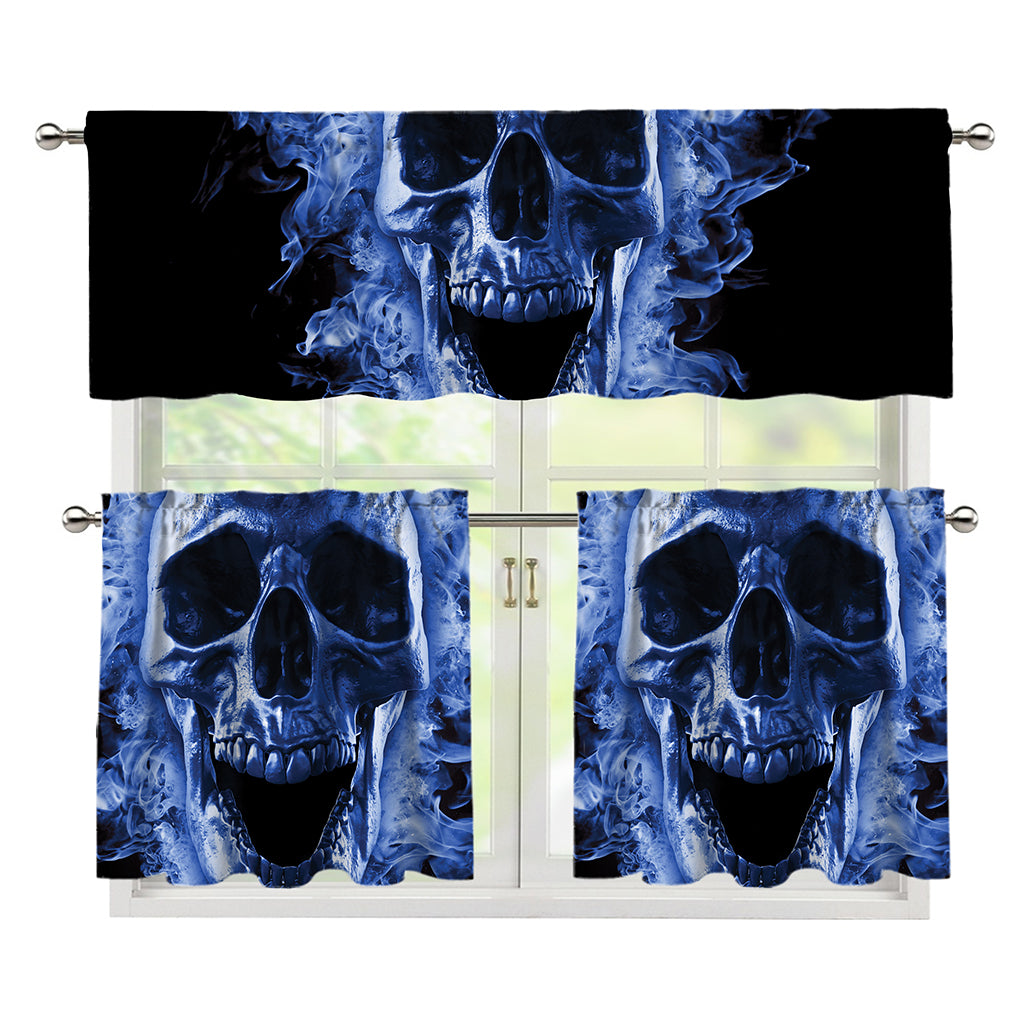 Blue Flaming Skull Print 3 Piece Kitchen Curtains