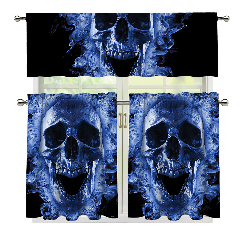 Blue Flaming Skull Print 3 Piece Kitchen Curtains