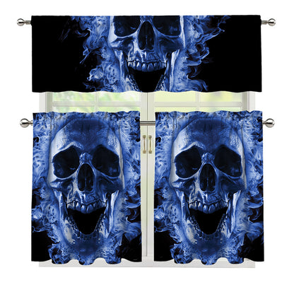 Blue Flaming Skull Print 3 Piece Kitchen Curtains