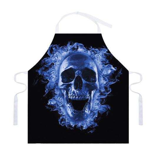 Blue Flaming Skull Print Adjustable Apron