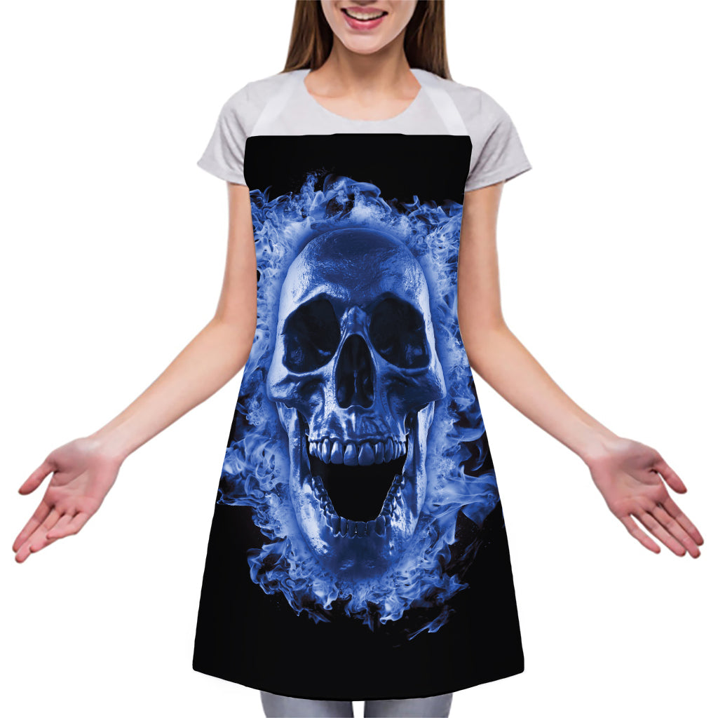 Blue Flaming Skull Print Adjustable Apron