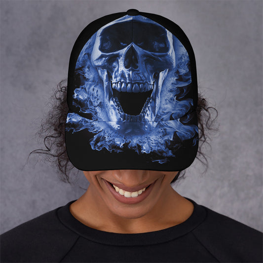 Blue Flaming Skull Print Baseball Cap