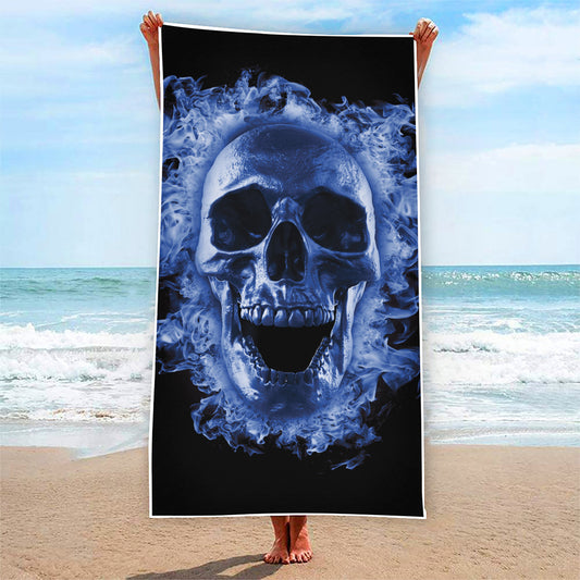 Blue Flaming Skull Print Beach Towel