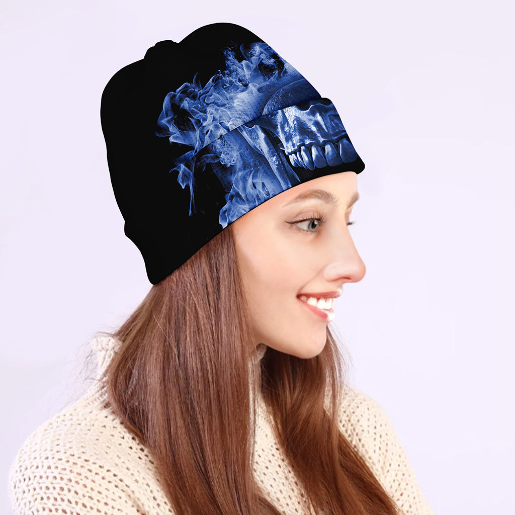 Blue Flaming Skull Print Beanie